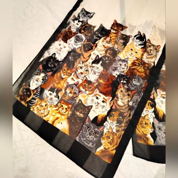 Cat Pattern Long Silk Scarf Kitty Cats Vintage - Picture 8 of 10